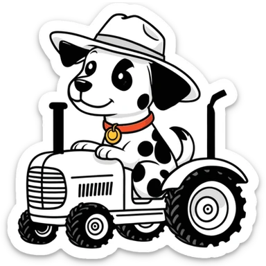 Black and white spotted dog driving a tractor with a cowboy hat  sticker