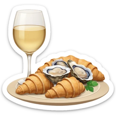 French cuisine humanless avatar in clean emoji-style illustration. 1 Croissant, oysters and wine glass, soft beige tones, simple shapes, flat design, refined and cozy. sticker