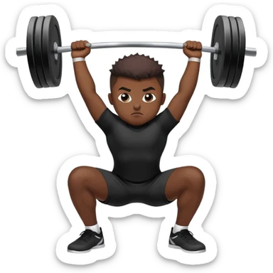 A boy with dark skin, black front spike and wearing a black shirt is doing an overhead squat with a lot of weight on the barbell sticker