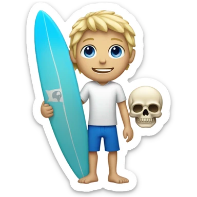 boy with scruffy blonde hair and blue eyes. holding a surfboard with a skull on it sticker