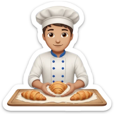 Young male baker – rolling croissant dough on a wooden table, flour on clothes

 sticker