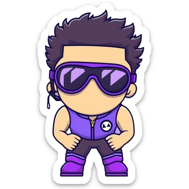 male athlete with white skin and moderately curly black hair on top with shaved sides, wearing ski goggles with purple frames and very dark black lenses, a simple plain black chain necklace, and a completely unzipped sleeveless vest with purple and black sequin fire pattern design, fully revealing his chest, shoulders and arms, no earrings sticker