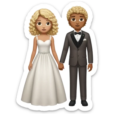 Blonde brown  skin girl skin in wedding dress curly hair with white men next too her with a suit on and straight brown  hair sticker