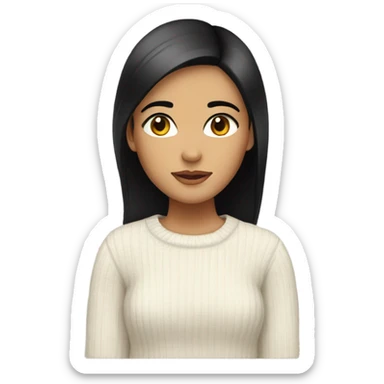 pretty girl with black straight hair and brown eyes with a white sweater sticker