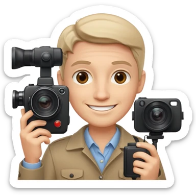 a white journalist with a camera sticker