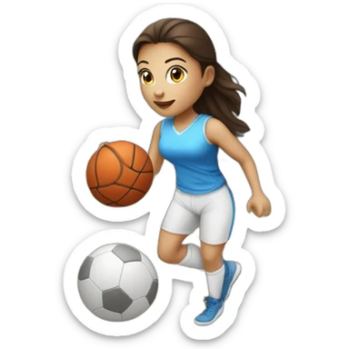 White skin brunette female playing football with very small basket ball sticker