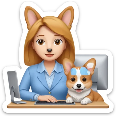 perrita caricatura gorgi gales ejecutiva con ropa celeste claro mujer frente a computadora sticker
