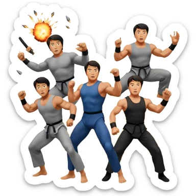 Collage of Arnold Schwarzenegger, Sylvester Stallone and Jackie Chan in intense action poses, surrounded by explosions, martial arts moves, weapons. The design should capture the high energy and heroism of classic action films. Transparent background. sticker
