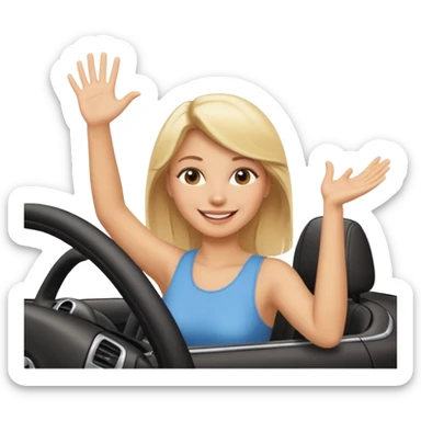blonde woman driving car. one hand up Happy face confidence sticker