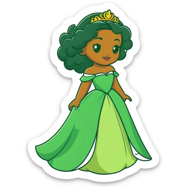 Disney Princess Tiana with extremely long black curly hair, green dress, 2c-3b curl pattern sticker