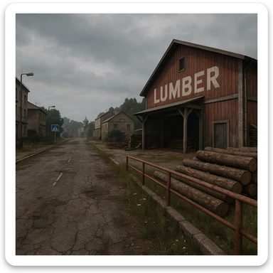 a view of the city street in a videogame: DayZ - in the town of berezio "lumber" [no text contained in the image] sticker