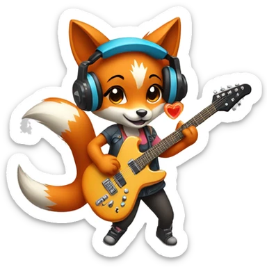 cute girl fox wearing headphones and playing an electric guitar sticker
