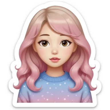 “korean Emoji girl, soft eyeliner, gradient rose lips, light brown shimmer eyeshadow, sparkly aegyo-sal, long wavy hair, cozy pastel sweater.” sticker