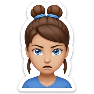 girl with blue eyes, brown hair in an angry brown bun sticker