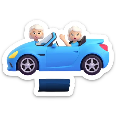 Ensure only the mother with white hair is in the blue sports car, no other person visible, keep 3D emoji style, 10% more realistic, no background. sticker