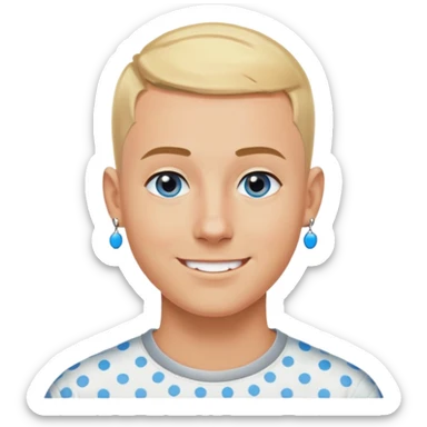 Man with blue eyes and messed up short blonde hair buzz cut at the sides and very tanned with a good smile and black dot earrings sticker
