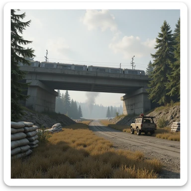  a screenshot of a location in a videogame  the image of the scene consists of:  [above-ground train freeway partially collapsed], a wooded area, a small field of wheat, sandbag barricades. distant smoke. uneven terrain, derelict vintage work trucks, more distant smoke. polluted and war-torn sticker