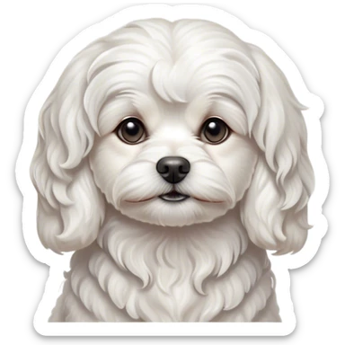 Cinematic Noble Wavy-Haired Maltese Portrait Emoji, Poised and regal, with a delicate, compact build and a pristine, wavy-haired white coat that cascades in gentle curls, deep-set soulful dark eyes, Simplified yet sharp and sophisticated features, highly detailed, glowing with a soft, dignified glow, high shine, intelligent and gentle, stylized with an air of refinement, focused and attentive, soft glowing outline, capturing the essence of a watchful and graceful companion, so majestic it feels as though it could prance out of the screen with effortless authority! sticker