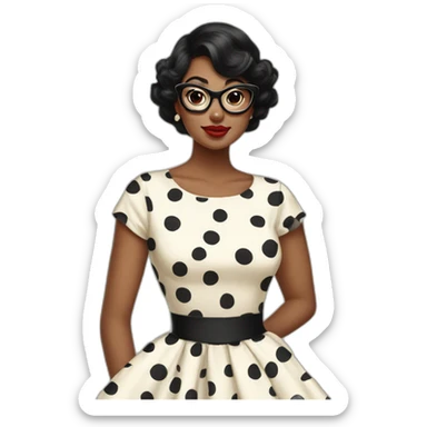 Black haired woman who wears classic pinup dresses with polka dots and big eyecat glasses  sticker
