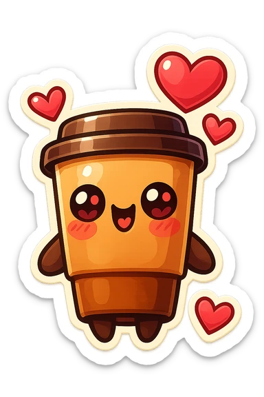 Tall coffee cup, extreme flirty, gushing with love, dramatic sticker