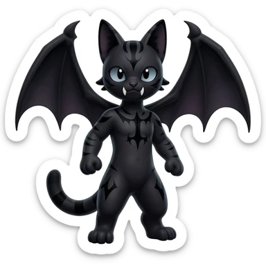 dark spooky badass cool shiny glossy smooth soft Black edgy Noivern-Noibat-Purloin-Torracat-Lykoi-Caracal-cat-Fakemon-fusion-hybrid-creature with bat wings on head as ears, big fangs, gothic markings sticker