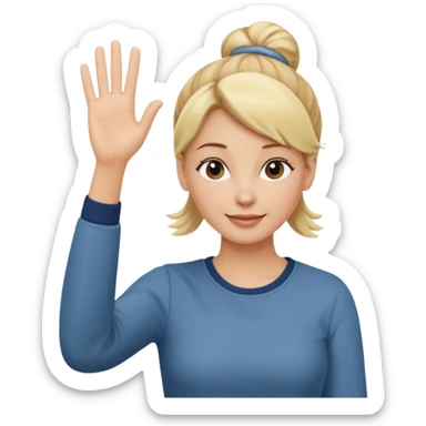blonde woman with bun in casual clothes waving sticker