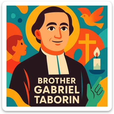modern Christian vocational animation, stylized portrait of Brother Gabriel Taborin with abstract background, elements of faith and youth, modern graphic style, luminous colors sticker