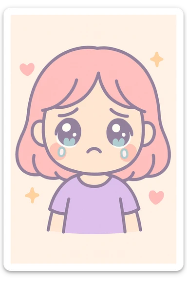 sad girl, teary eyes, pastel colors, kawaii style sticker