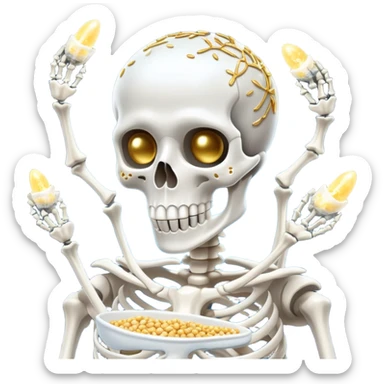 Silvery sardines, bright white yogurt, and golden sesame seeds orbiting around a glowing skeleton, with light beams connecting them to bones sticker