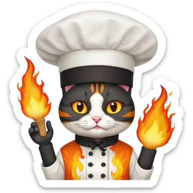 black chef cat wearing a tall white chef hat, burning hat sticker