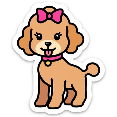 Cute brown poodle dog with a pink bow on its head and tail, with its tongue sticking out, and wearing a pink collar sticker