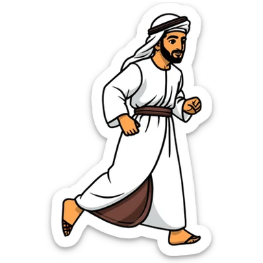 Arab man walking confidently in traditional clothing, side view, mid-stride sticker