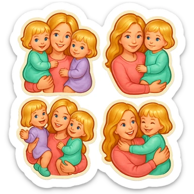 mom with long light hair holding two twin girls with short light hair, all in pastel cute clothes, soft shadows and highlights, retro stickers style, photo inspired, multiple pose variations sticker