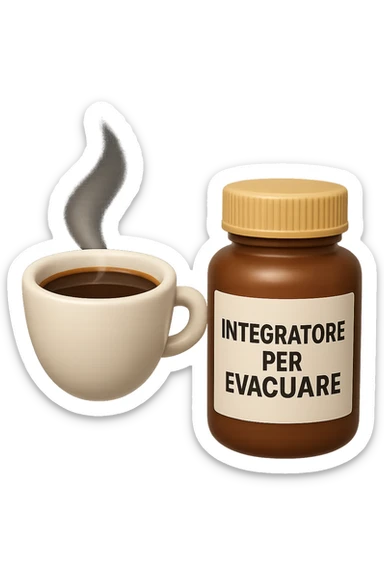 EMOJI STILE IPHONE 3D DI un caffè e di una boccetta di integratore con la scritta "INTEGRATORE PER EVACUARE" SULL'ETICHETTA CHE FLUTTUANO IN ARIA, iperrealistico 4k sticker