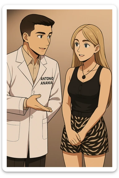 fai un webtoon/manga a colori con questo kinesiologo in camice bianco (fagli la scritta "ANTONIO ANANIA" SUL CAMICE) CHE PARLA CON QUESTA RAGAZZA CON GLI OCCHI AZZURRI. la ragazza gli fa una domanda e IL KINESIOLOGO CON IL CAMICE BIANCO LE risponde. NON FARE I FUMETTI, FAI SOLO LORO COME SE DIALOGASSERO sticker