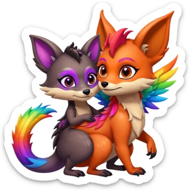 black female raccoon dragon hybrid with rainbow colored wings and purple eyes hugging a red female fox dragon hybrid with rainbow colored wings and orange eyes sticker