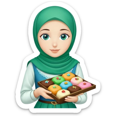 Turkish beautiful finish Konya girl blue eyes with green emerald yelhijab islamic dress and had on her hand text Eid Mubarak with sweets and celebrating with her friends eid days   sticker