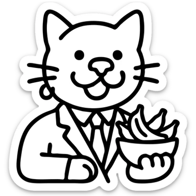 cat with a dog nose, wearing a suit, earring, holding a cup of bananas, playful expression sticker