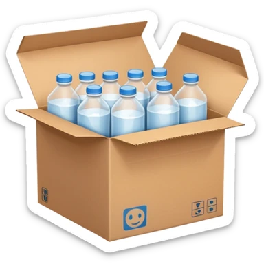 white transparent plastic bottles popping out of a delivery cardboard box sticker