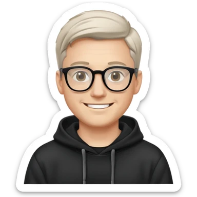 White man, glasses, classic haircut, black hoodie, smile sticker