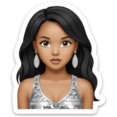 LeToya Luckett with black long hair, silver sequin crop top, silver earring sticker