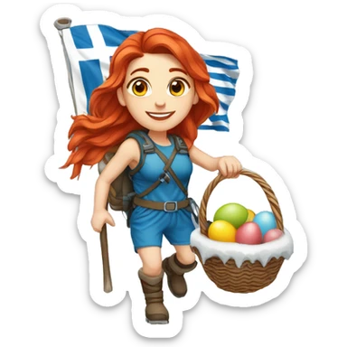 Greek Female winter mountaineer red hair white skin climbing with Greek Flag and Easter eggs basket sticker