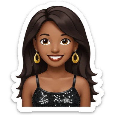 Chilli from TLC with long dark brown hair, black sequin crop top, black earring, dark skin sticker