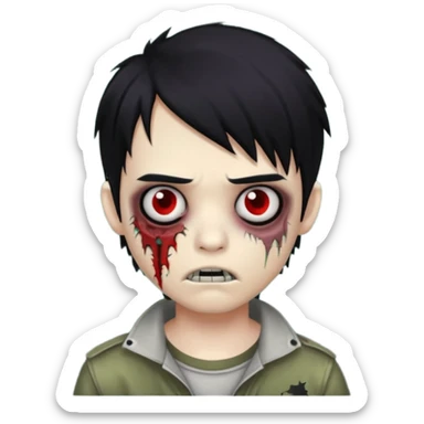 boy zombie with black hair, emo look, stitched mouth, dark circles under eyes sticker