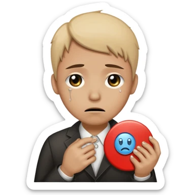 Face with tears holding a button saying its time for the world to end sticker