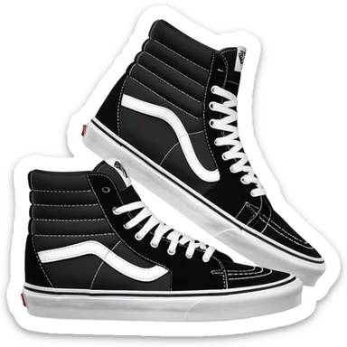 Pair of black Vans Sk8-Hi high top sneakers with white stripe, one positioned behind the other, showing the signature side stripe, black canvas and suede sticker