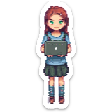 A girl with a pink laptop sticker