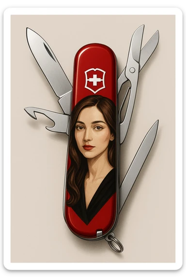 an elegant design of a swiss army knife featuring a portrait of a brunette woman with light brown eyes sticker