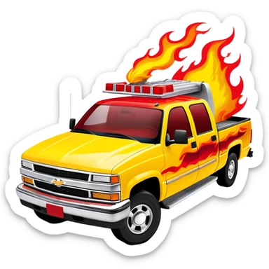 Yellow 1997 Chevrolet C-2500 Crew Cab with vibrant airbrushed red flame artwork flowing dramatically across hood and front, highly detailed fire pattern, Kill Bill movie vehicle, 30-degree view, iOS emoji style sticker