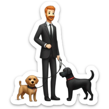 a handsome, slender man in a  sporting a red beard, standing next to a black Labrador dog, holding it on a leash sticker